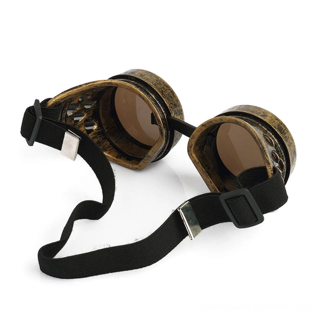 Side angled view of bronze steampunk goggles with transparent tan lenses and adjustable elastic strap