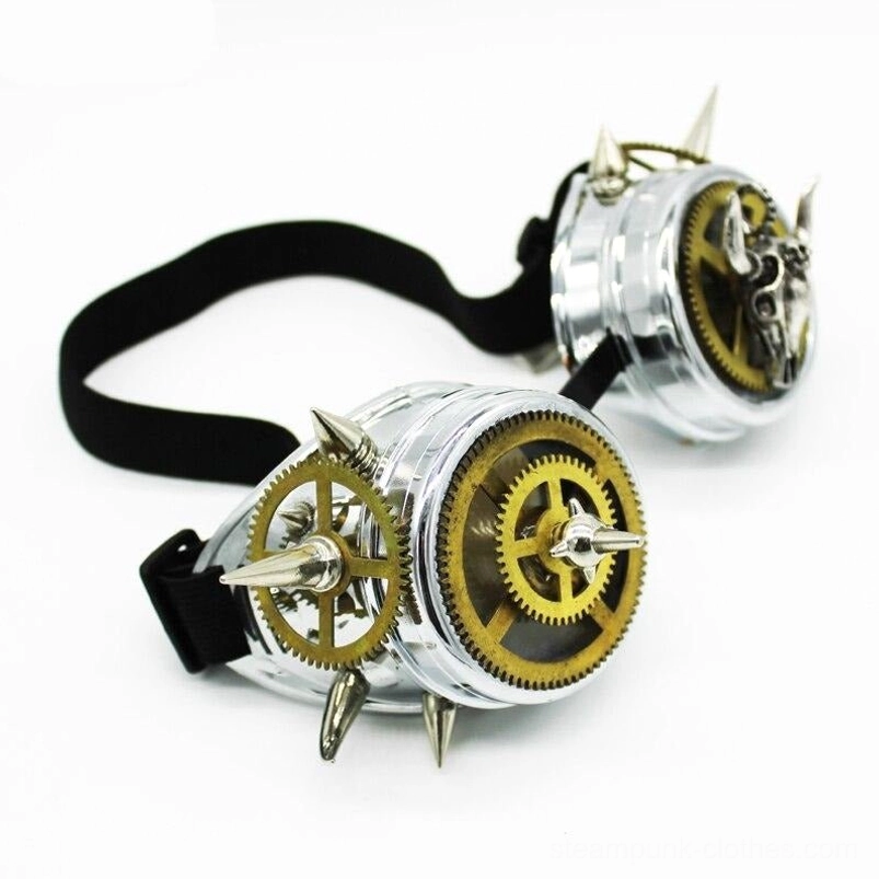 Steampunk goggles side angle view showcasing layered gear mechanisms, metal spike embellishments, silver housing, and adjustable black elastic band