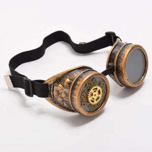 Steampunk goggles side profile showing embossed rivet details, golden gear decoration, and adjustable black elastic strap