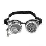 Steampunk mad scientist goggles with aged silver frame and foldable side magnifier - front view