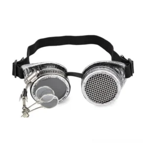 Steampunk mad scientist goggles with aged silver frame and foldable side magnifier - front view