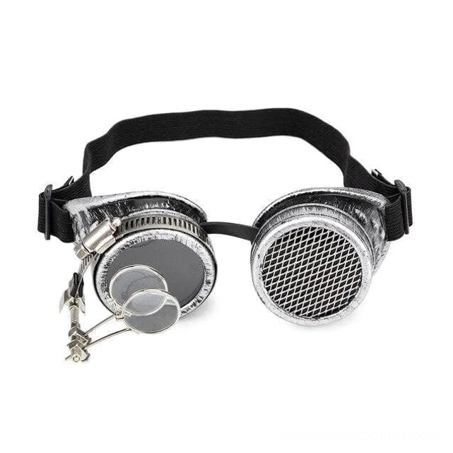 Steampunk mad scientist goggles with aged silver frame and foldable side magnifier - front view
