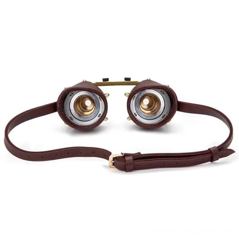 Steampunk binocular goggles top-down overhead view displaying inner lens structure and brass hardware detail