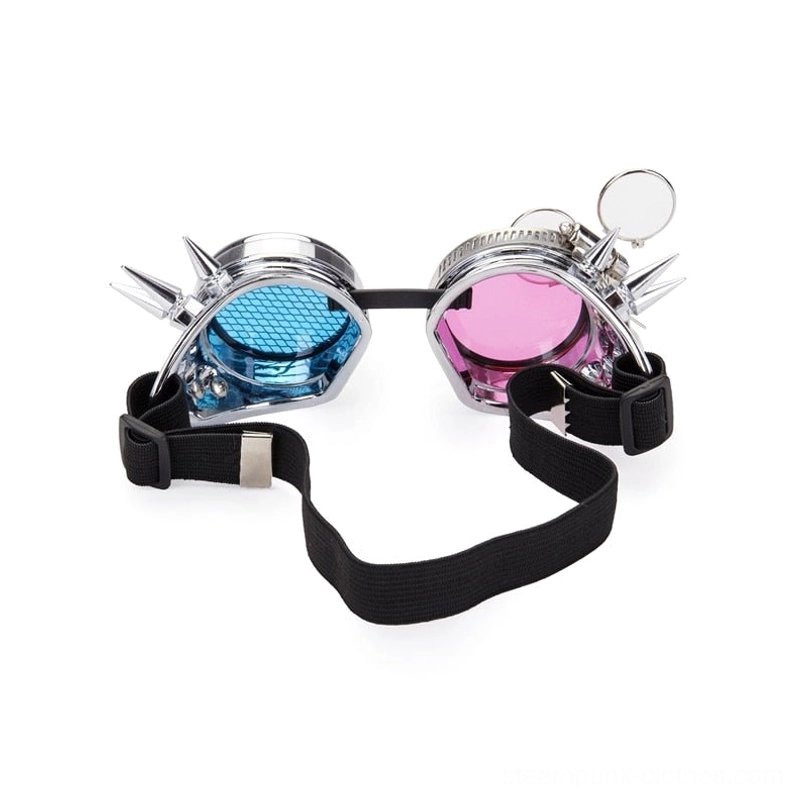 Overhead top view of steampunk goggles revealing blue mesh lens, pink lens panel, elastic adjustable headband, and full frame architecture