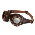 Steampunk leather goggles left front view with brass round rivets and vegan leather frame