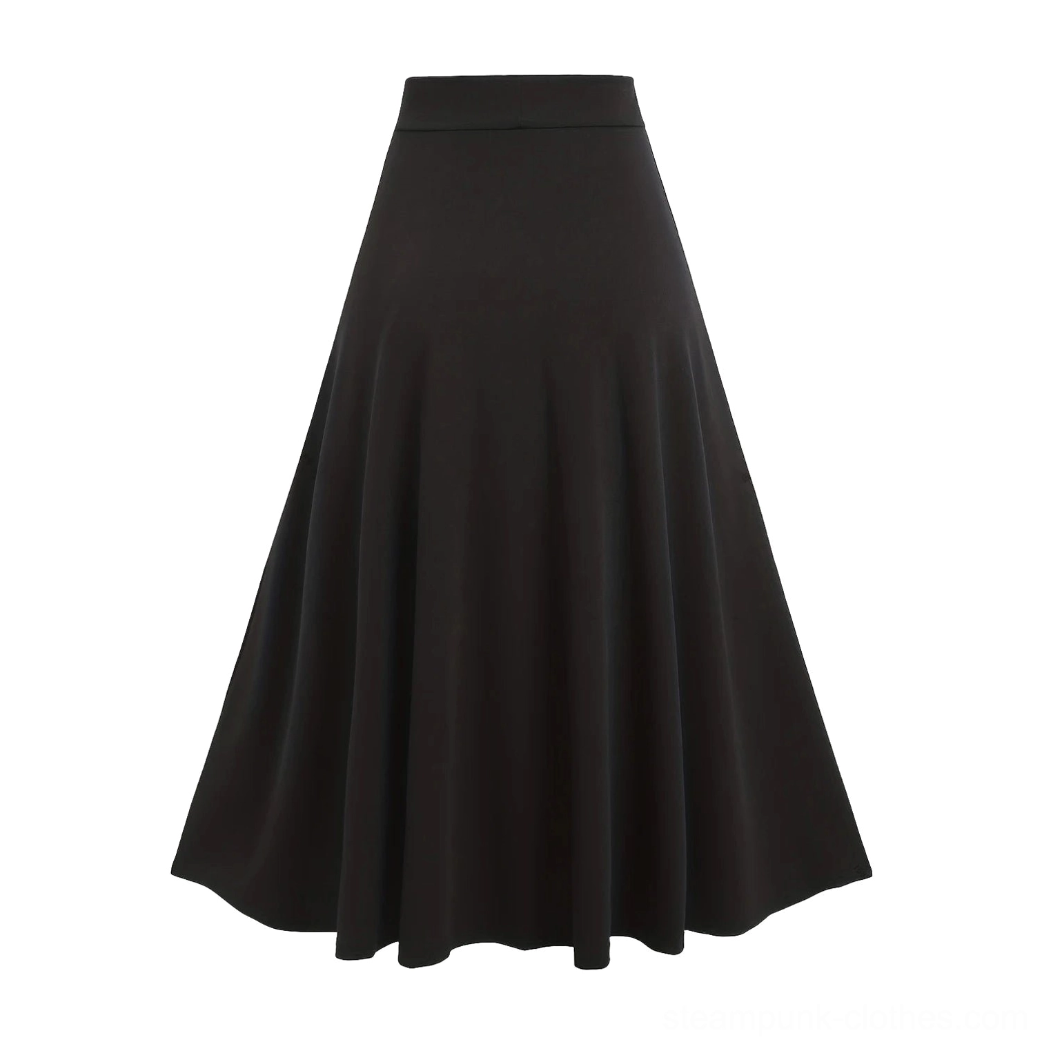 All-black A-line steampunk skirt flat lay showcasing high-waisted construction and smooth matte woven textile