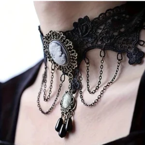 Steampunk lace choker necklace worn on female neck, showing side profile with layered dangling pendants and oval portrait cameo - vintage jewelry styling
