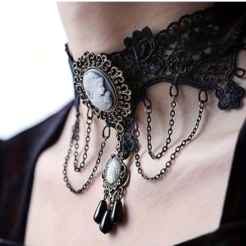 Steampunk lace choker necklace worn on female neck, showing side profile with layered dangling pendants and oval portrait cameo - vintage jewelry styling