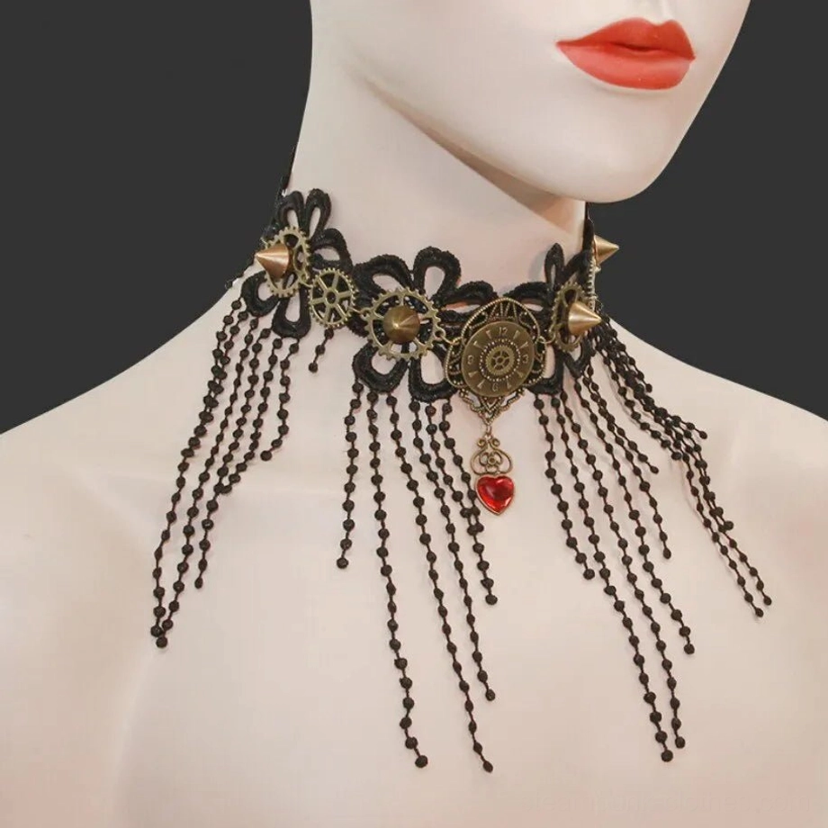 Steampunk choker necklace three-quarter view showing spiked bronze accents, mechanical gear details, black beaded fringe and red heart charm