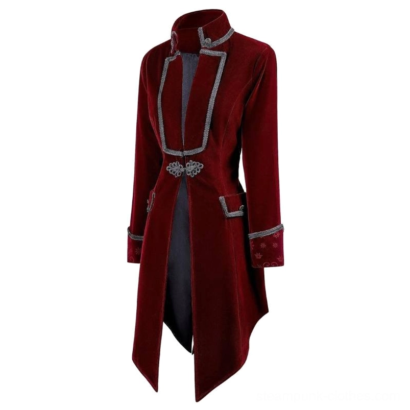 Steampunk coat three-quarter front view showing side pockets and ornate embroidered cuff detailing on burgundy velvet