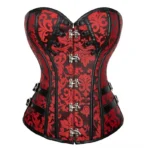Red and black steampunk gothic corset front view with damask brocade pattern and silver metal claw clasps
