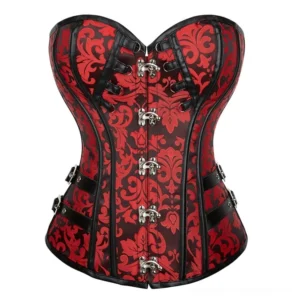 Red and black steampunk gothic corset front view with damask brocade pattern and silver metal claw clasps