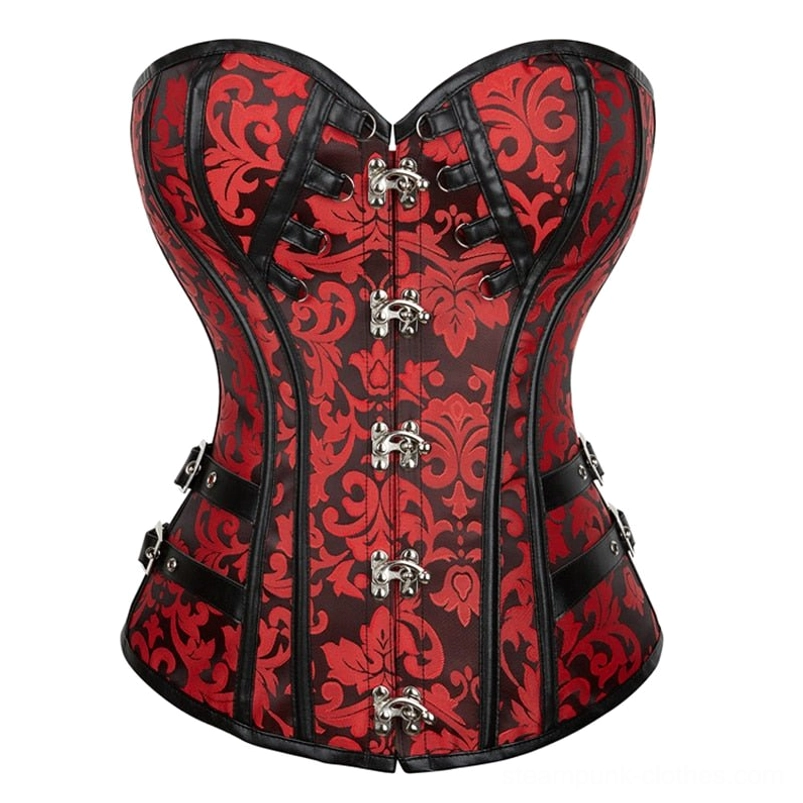 Red and black steampunk gothic corset front view with damask brocade pattern and silver metal claw clasps