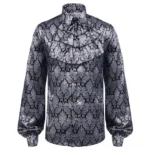 Steampunk gothic damask shirt front view with ruffled bib and damask print
