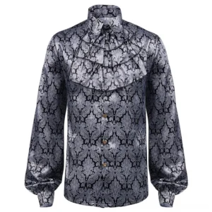 Steampunk gothic damask shirt front view with ruffled bib and damask print