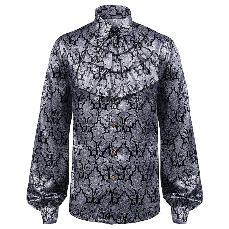 Steampunk gothic damask shirt front view with ruffled bib and damask print