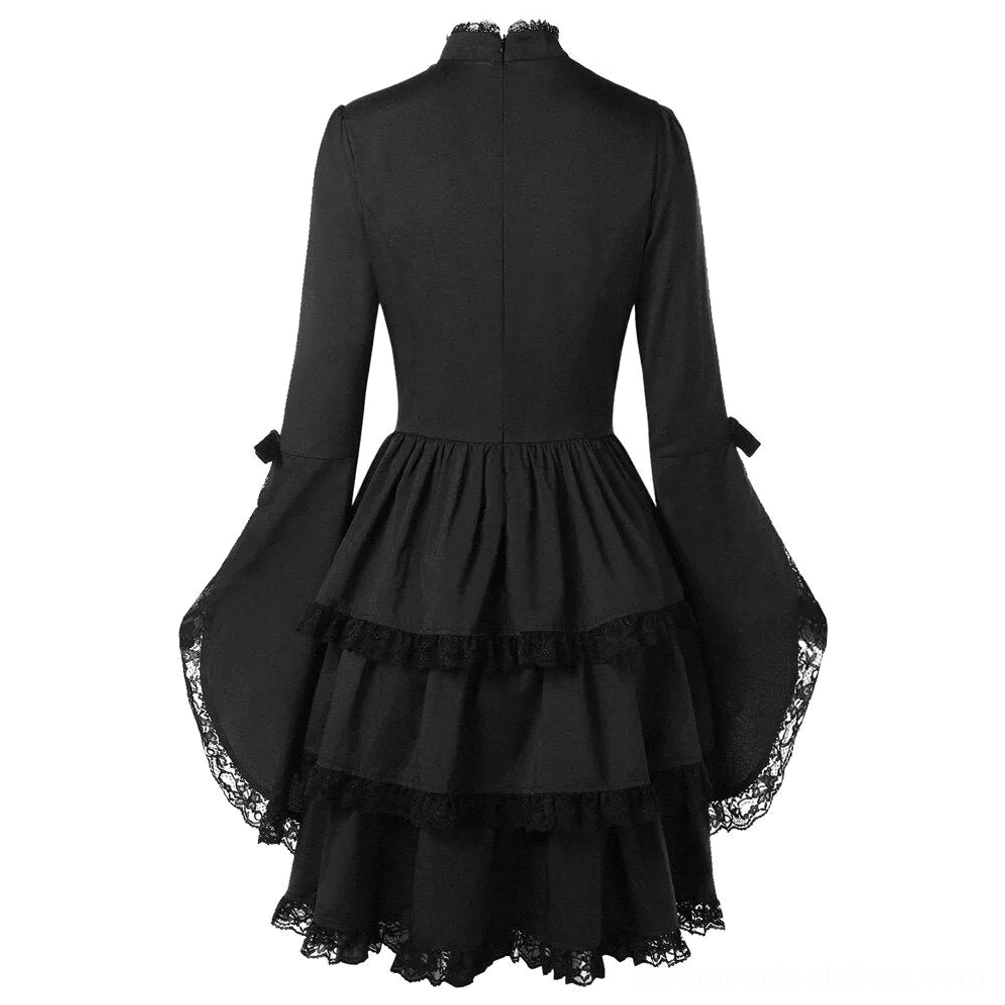 Back view of black gothic steampunk dress featuring high ruffled stand collar, tiered ruffled skirt layers, and lace trim details