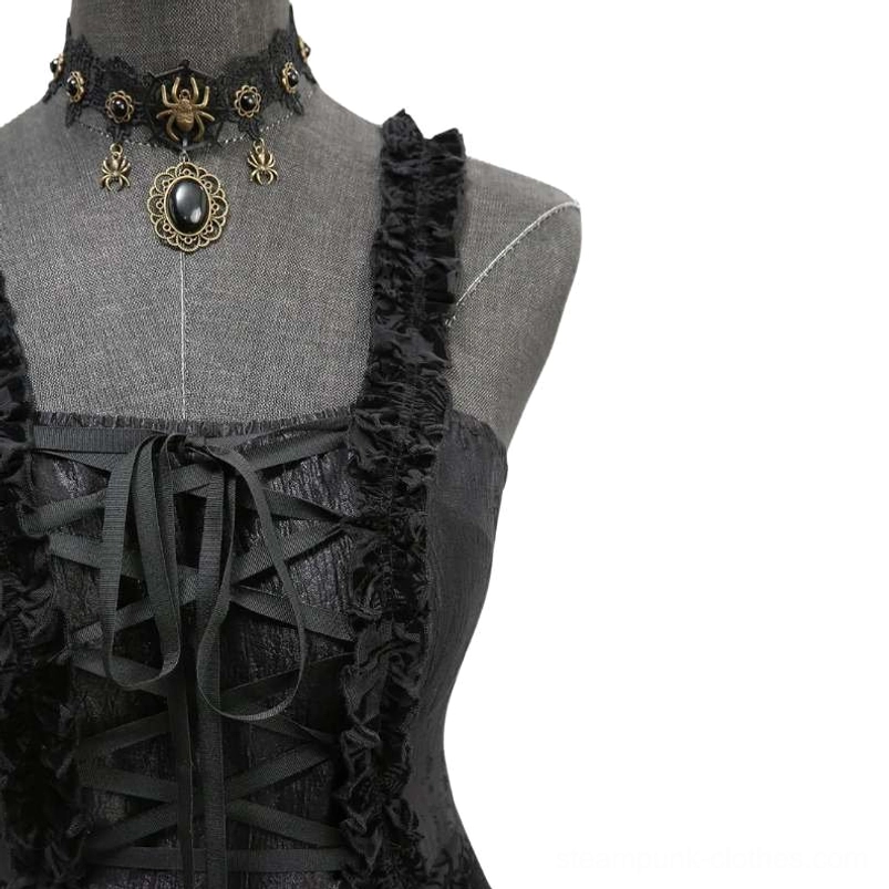 Gothic steampunk dress shoulder and corset detail featuring spider-themed goth choker accessory, ruffled straps, and front lace-up closure mechanism