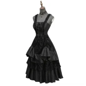 Gothic steampunk prom dress on mannequin featuring square neckline and intricate lace-up corset bodice detail with cascading ruffled layers