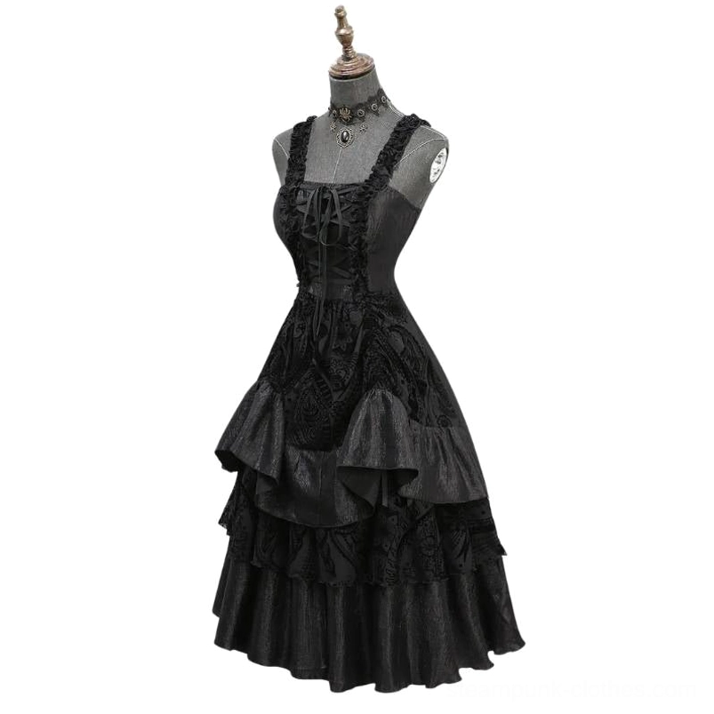 Gothic steampunk prom dress on mannequin featuring square neckline and intricate lace-up corset bodice detail with cascading ruffled layers
