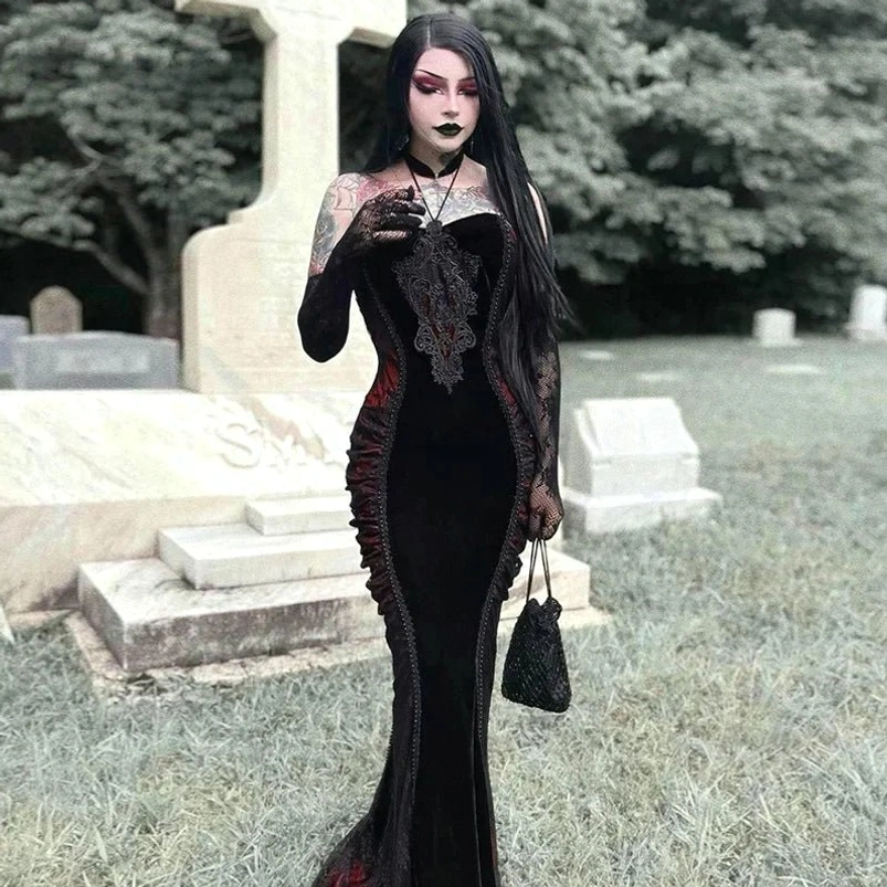 Black red velvet Victorian dress three-quarter front view, steampunk gothic style with lace chest decor, bold goth makeup, ornate details, and coordinating accessories