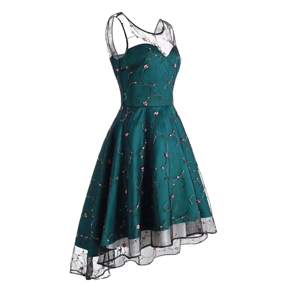 Side view of gothic steampunk dress highlighting asymmetrical tulle hem, fitted waist, and delicate embroidery details