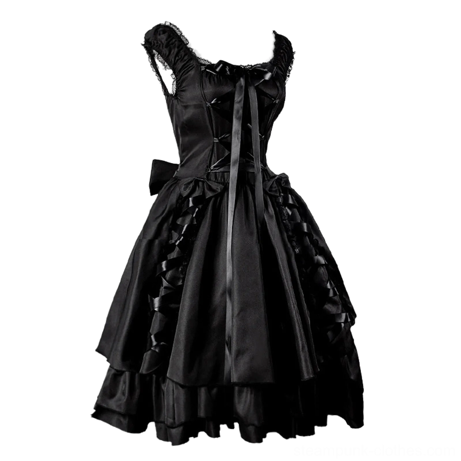 Black steampunk gothic prom dress three-quarter view showing side ribbon ruched skirt and lace neckline