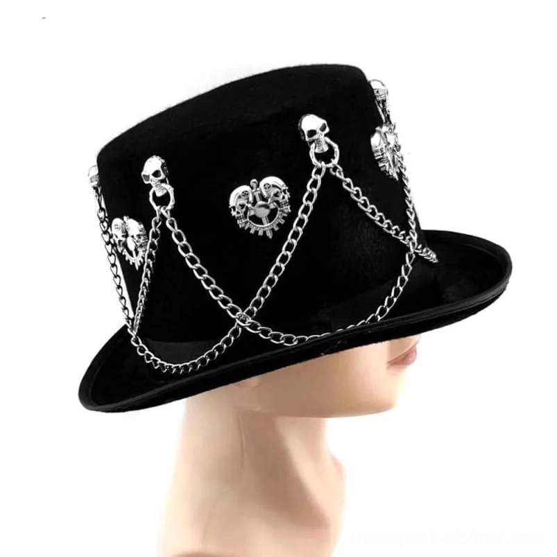 Black velvet steampunk gothic top hat left profile view on mannequin, showing crown shape and industrial metal ornament details from side angle