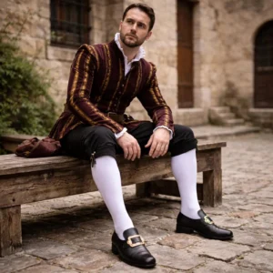 Men's renaissance steampunk leather dress shoes with ornate buckles, maroon striped coat, white ruffled collar, full sitting pose medieval alley setting