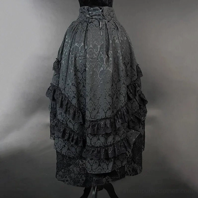 Full front display of black high-waisted jacquard steampunk gothic lolita skirt on mannequin, showcasing corset-style waistband and voluminous tiered construction