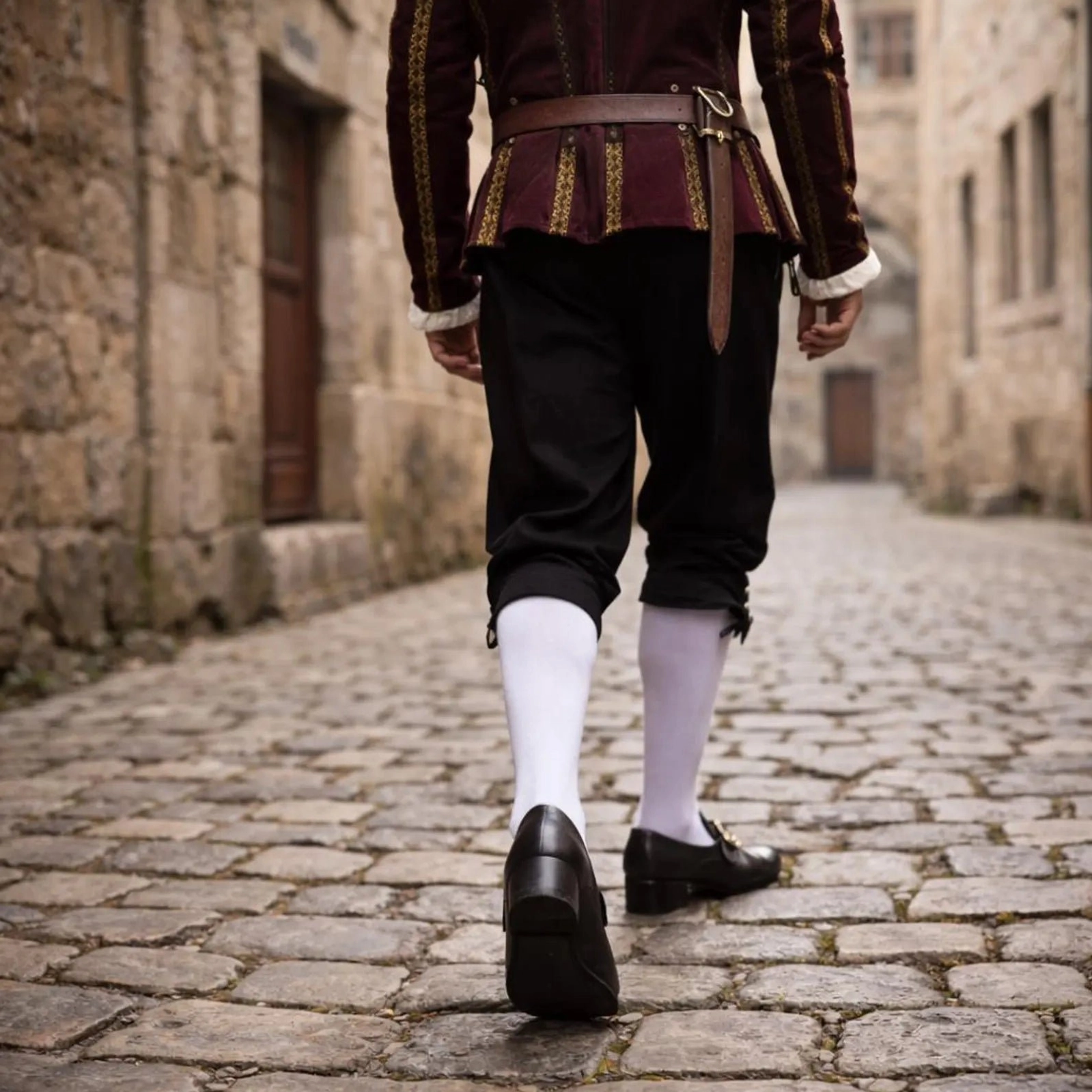 Steampunk medieval leather shoes with buckle detail, rear full-body view, black breeches, brown leather belt, cobblestone street background