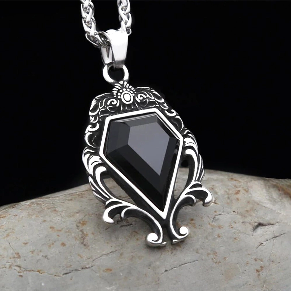 steampunk necklace side angle vintage silver scroll frame kite gemstone