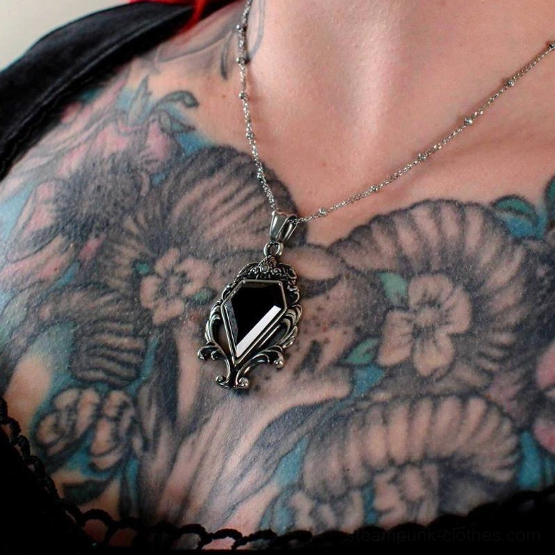 gothic victorian pendant necklace unisex steampunk style silver chain black gemstone worn on chest