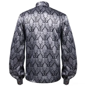 Victorian steampunk shirt back view showing all-over damask pattern and bishop sleeves