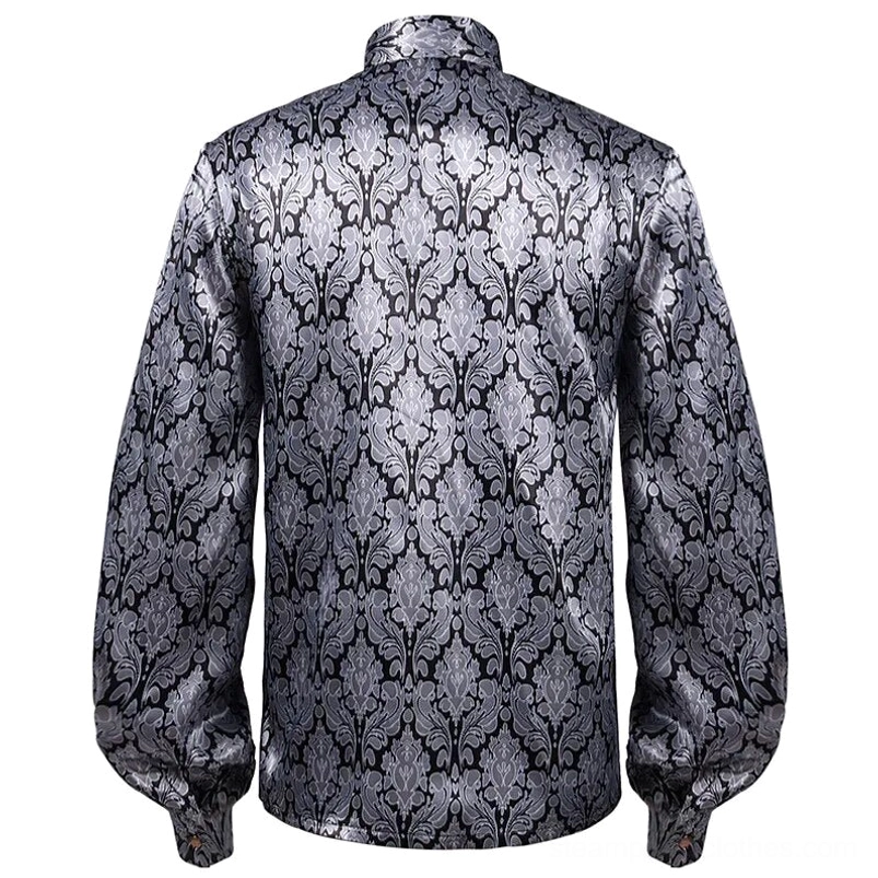Victorian steampunk shirt back view showing all-over damask pattern and bishop sleeves