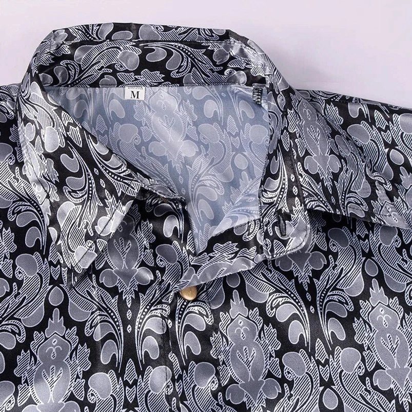 Steampunk gothic shirt collar detail with damask satin print and size tag