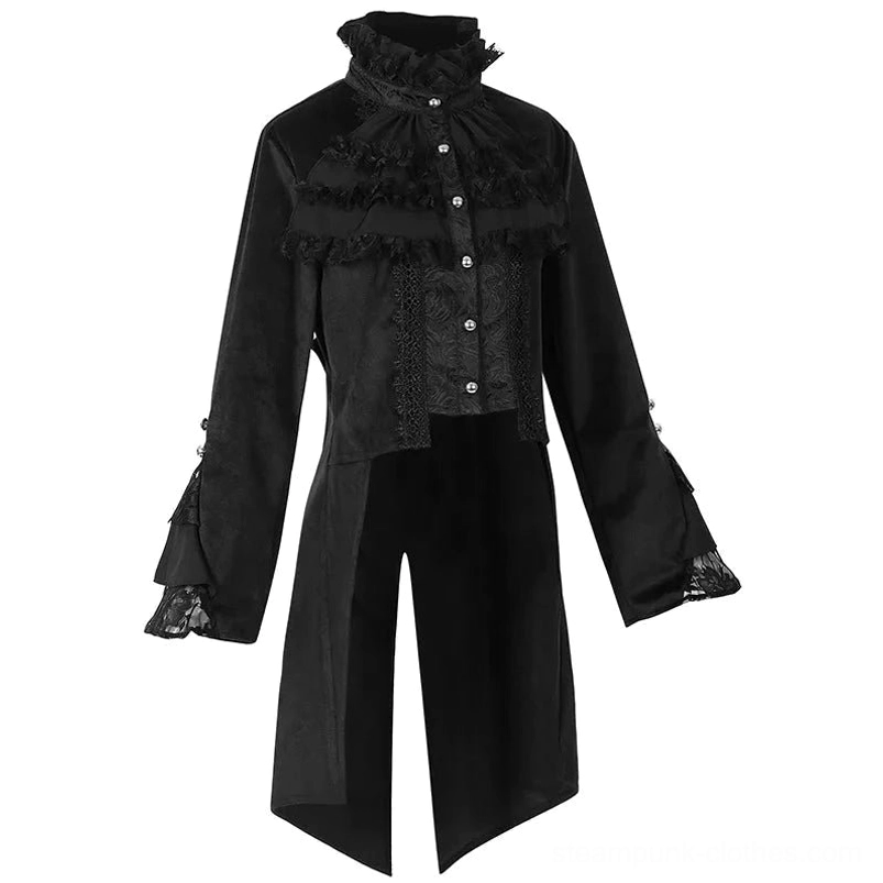Three-quarter view of black gothic Victorian blouse showing lace jabot, ornate brocade front panel, and decorative cuff buttons