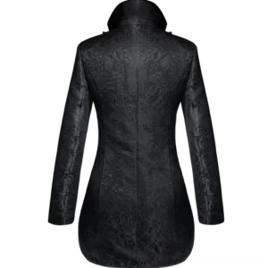 Gothic steampunk tailcoat jacket back view - dramatic elongated back panel with high stand collar and fitted silhouette
