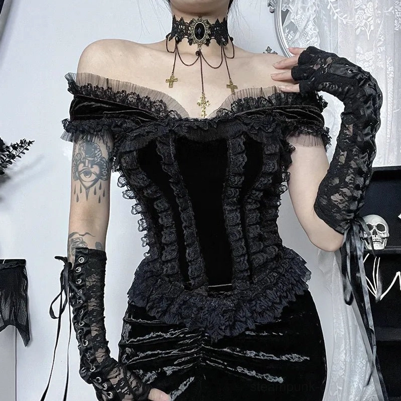 Gothic off-shoulder velvet top with lace-up details and fingerless gloves styling combination