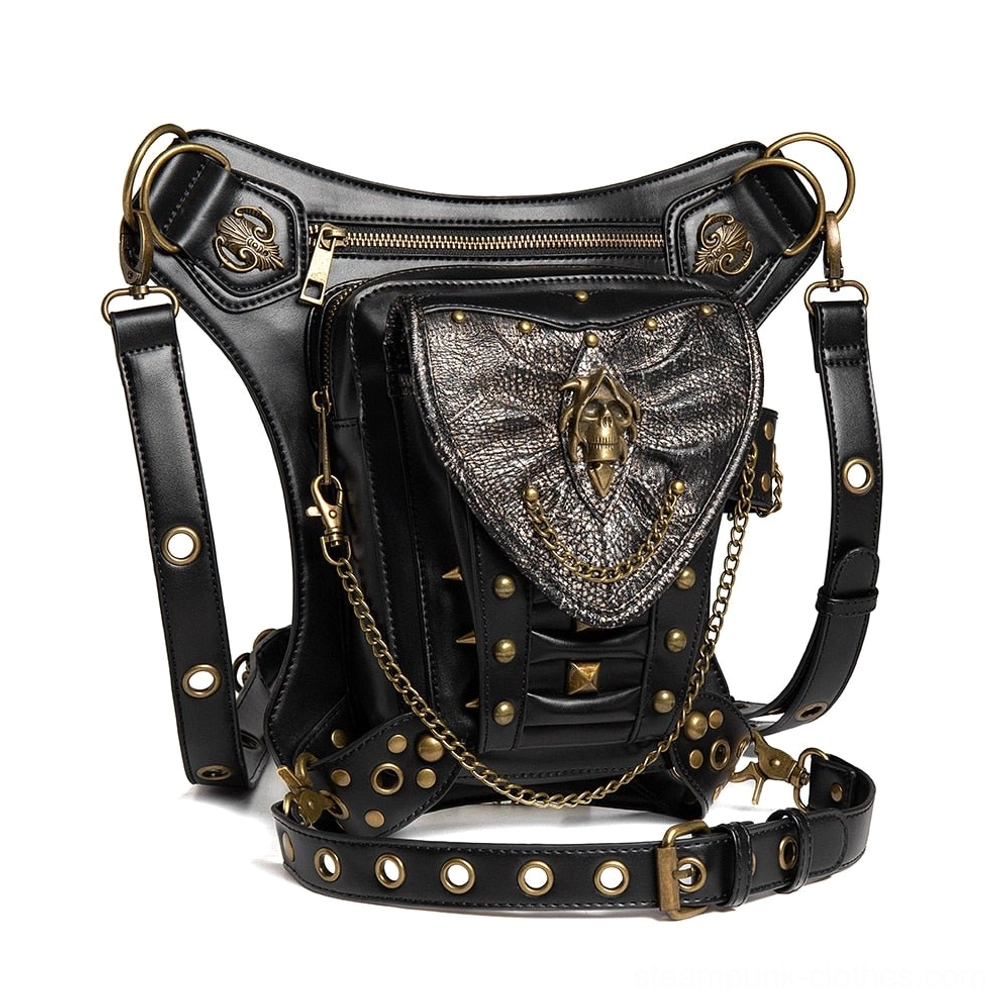 Black steampunk gothic waist bag with bronze skull hardware, chain details and rivets displayed in front oblique view