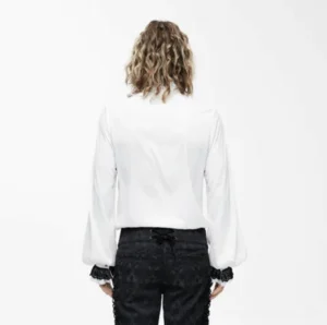 Steampunk gothic blouse with bishop sleeves and lace-trimmed cuffs, rear upper body view showing back detail and voluminous sleeve construction on male model