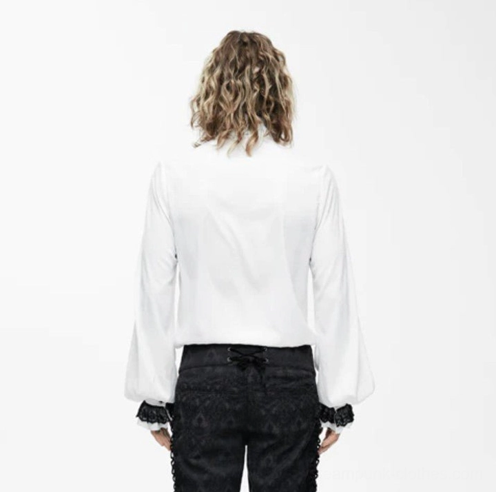 Steampunk gothic blouse with bishop sleeves and lace-trimmed cuffs, rear upper body view showing back detail and voluminous sleeve construction on male model