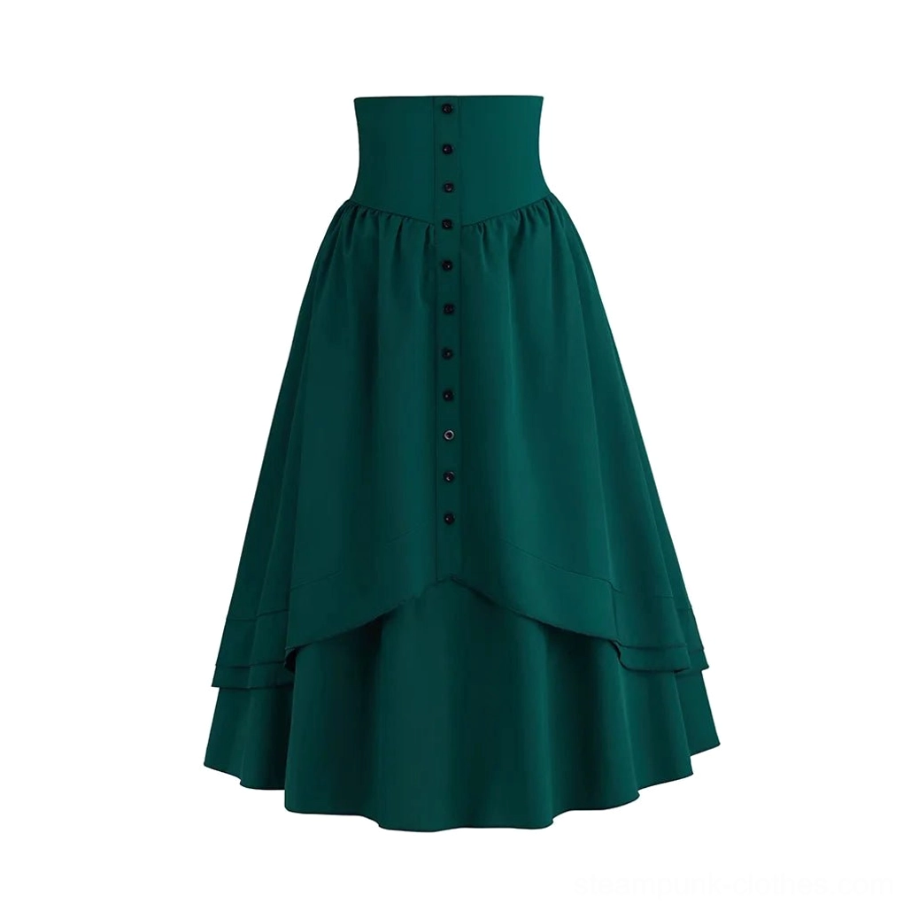 Steampunk green high-waisted layered midi skirt full front view with front button detail and asymmetrical hem
