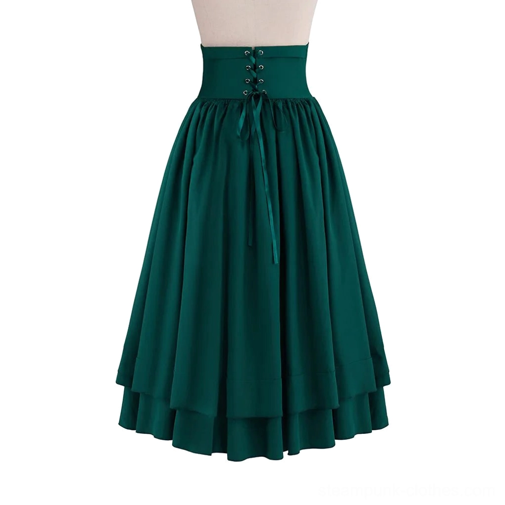 Steampunk gothic green midi skirt back view featuring lace-up corset waist and layered ruffled hem