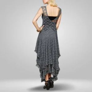 Grey steampunk lace dress back view showing open back design with crisscross straps