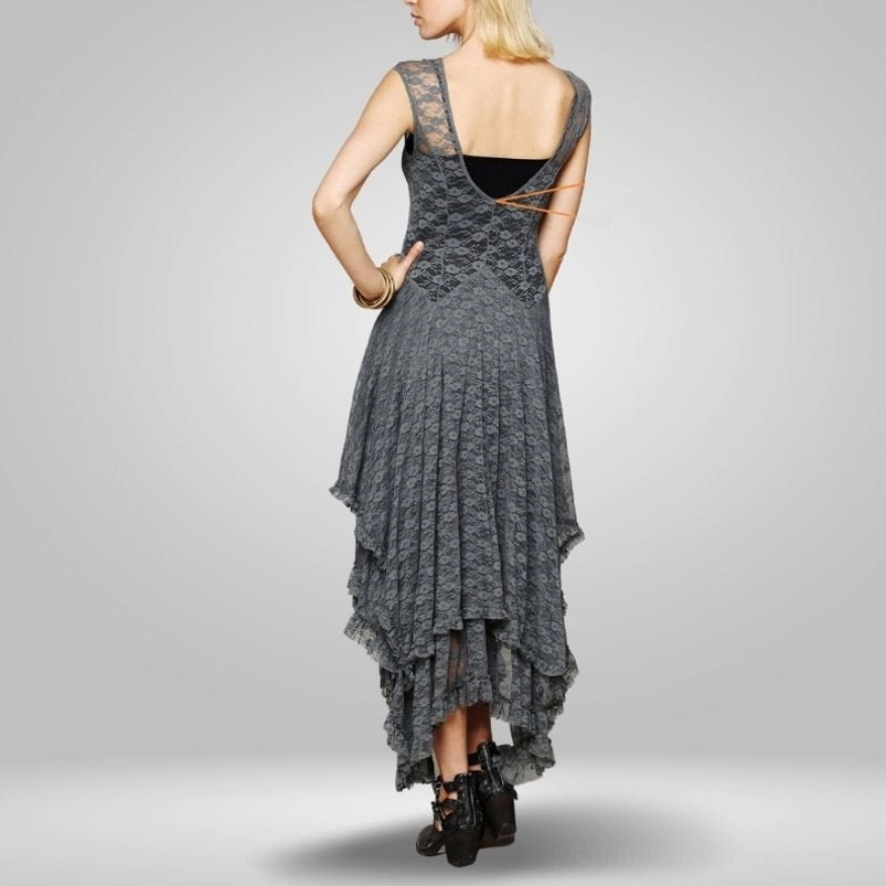 Grey steampunk lace dress back view showing open back design with crisscross straps