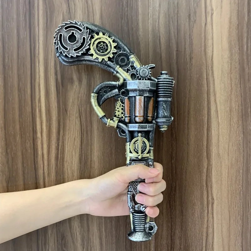 mechanical steampunk pistol side view showing curved handle with gear decoration and brass-toned pipe accents in hands