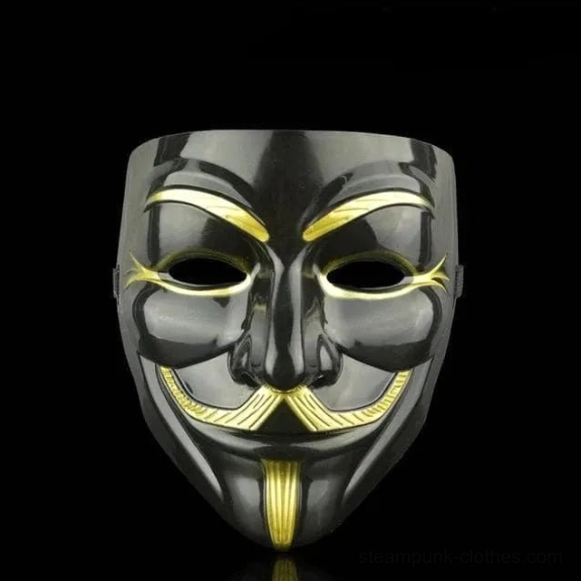 Matte black steampunk Guy Fawkes mask with gold painted accents, glossy finished details on pure black background, sophisticated gothic interpretation