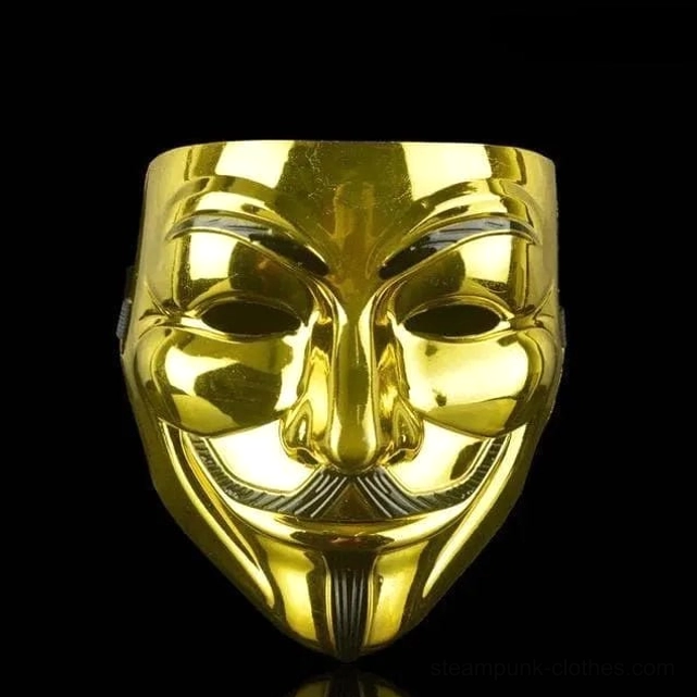 Gold chrome plated steampunk Guy Fawkes mask, glossy reflective finish on black background, premium metallic version with matching gold facial details