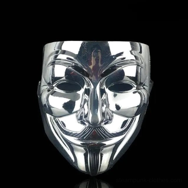 Silver chrome steampunk Guy Fawkes mask, reflective metallic finish on black background, industrial aesthetic with unified silver decorative elements
